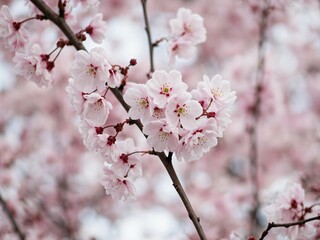 Obraz premium Cherry blossoms bloom, pink-white petals clustered, branches intertwined, fresh and elegant.