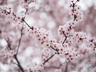 Obraz premium Cherry blossoms bloom, pink-white petals clustered, branches intertwined, fresh and elegant.