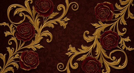 Elegant Maroon and Gold Floral Design with Intricate Baroque Roses and Gilded Accents