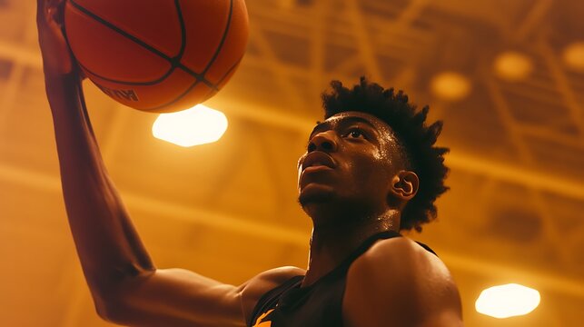 High-speed capture of basketball player dunking with dramatic overhead lighting, intense athletic expression