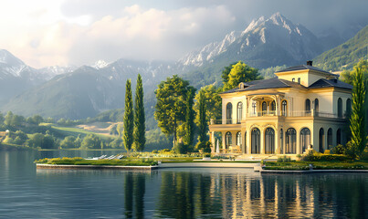 Obraz premium Lakeside Mansion: A stunning mansion stands majestically on the serene lakeside, embraced by lush greenery and overlooking a tranquil expanse of water.