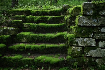 Mossy green stains creeping over ancient stone walls, telling a story of nature reclaiming a forgotten place, full of history and quiet strength