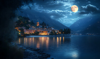 Moonlit Lake Town: A picturesque town nestled along the serene edge of a lake, illuminated by the enchanting glow of a full moon in the night sky. The water reflects the soft lights of the town.
