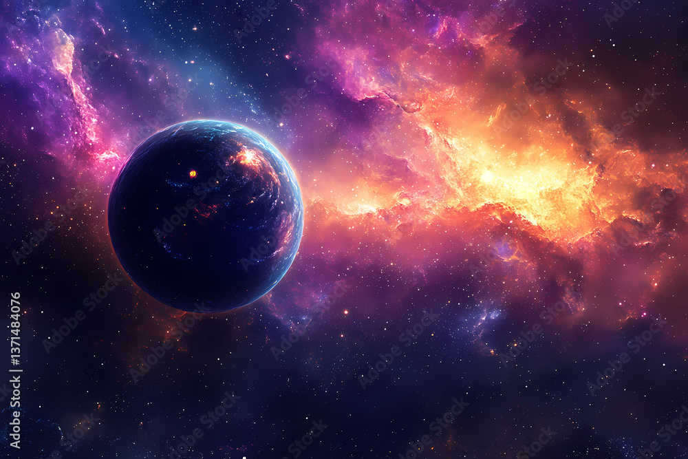 Poster celestial sphere: a cosmic spectacle of vibrant nebulas swirling around a mysterious planet, filled 