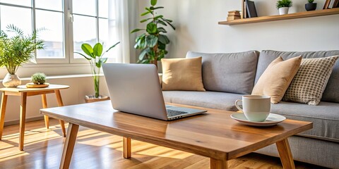 Fototapeta premium Cozy Home Office Setup: Laptop, Wooden Table, Sofa, Work From Home, Online Learning, Surreal Photography