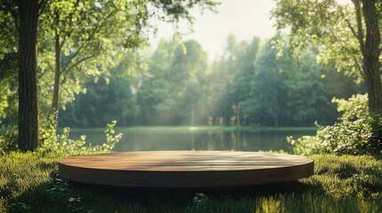 Obraz premium A round wooden podium stands in the middle of a lush green forest, surrounded by tall trees and vibrant grass, overlooking a serene lake. Soft sunlight floods the stage.