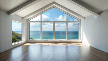 Fototapeta premium Empty Loft Sea View Villa, Candid Photography, Window, Coastal Living Room, Sunlit Interior Design, Spacious Apartment, Ocean View, Minimalist Decor, Bright Room, Modern Architecture