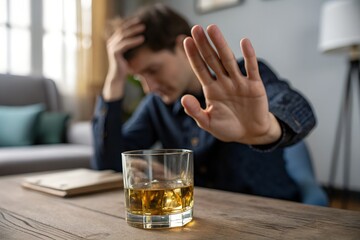 Alcoholism, depressed asian young woman hand refuse alcoholic beverage, drink whiskey while person holding glass give to her. Treatment of alcohol addiction, having suffered abuse problem alcoholism.