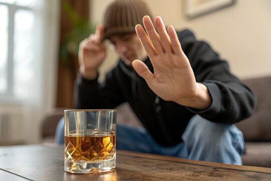 Alcoholism, depressed asian young woman hand refuse alcoholic beverage, drink whiskey while person holding glass give to her. Treatment of alcohol addiction, having suffered abuse problem alcoholism.