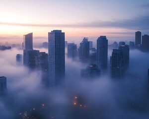 Fototapeta premium Dramatic fog rolling over skyscrapers in a corporate district, moody atmosphere and corporate architecture in urban cityscape