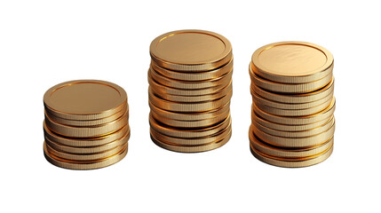 3D gold coins stacking up, isolated on transparent background. Investment, finance, and growth concept. 3D render