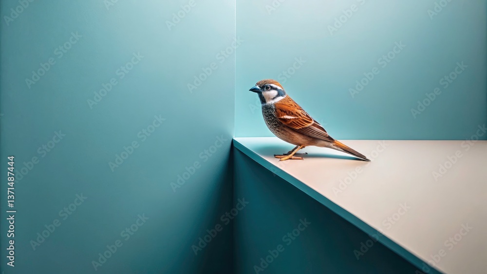 Poster futuristic top-down view of a bird perched on a solid color backdrop for modern design elements