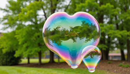 Colorful heart-shaped bubbles floating in green park