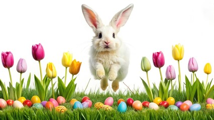 Fototapeta premium Easter Bunny Spring Lawn Tulips Eggs Photo - Fluffy Bunny Jumping Colorful Easter Scene