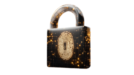 3D lock with a digital fingerprint, isolated on transparent background. Security, biometric authentication, and technology concept. 3D render