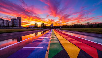 Vibrant rainbow crosswalk against sunset sky