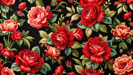 Elegant Red Rose Floral Fabric, Dark Background, Luxury Textile, Rich Texture, Blooming Roses, Floral Design, Fabric Texture,  Red Rose Pattern,  High-Resolution Image
