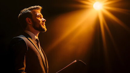 Inspiring leadership speech event stage business presentation spotlight environment charismatic viewpoint