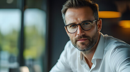 Obraz premium Empowered business leadership charismatic professional in modern office portrait photography bright environment intimate viewpoint