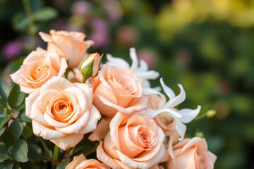 Soft peach roses in full bloom with delicate petals and green leaves. A blurred garden background adds a touch of serenity to the floral scene.