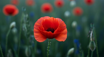Obraz premium Blooming Red Poppy Flower in a Field with Soft Background