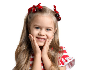 Cute little girl wearing beautiful bows with cherries on white background