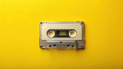 Obraz premium Surreal Vintage Cassette Tape Photography: Yellow Background, Retro Music, 80s Aesthetic, Analog Media, Cassette Player, Music Tape, Retro Cassette, Surreal Art