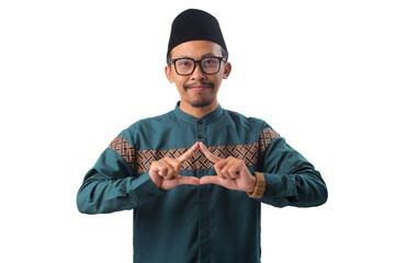 Asian man forming a triangle shape with his hands, symbolizing environmental protection, recycling, and sustainability, Isolated on a white background