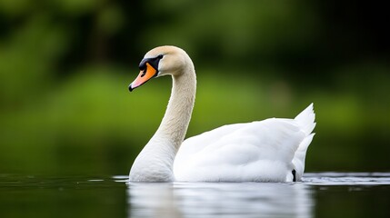 Obraz premium White swan swims peacefully in the calm water, with a lush green background, showcasing its elegant neck and vibrant orange beak.