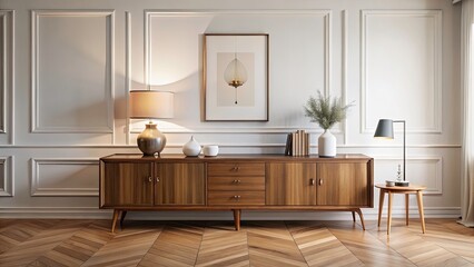 Mid-Century Sideboard with Lamps and Blank Frame on White Wall for Elegant Interior Design Inspiration