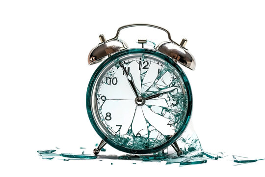 Broken alarm clock with shattered glass face Isolated on white background or PNG background .
