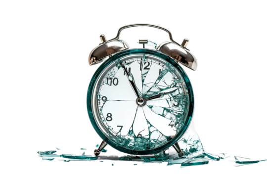 Broken alarm clock with shattered glass face Isolated on white background or PNG background .