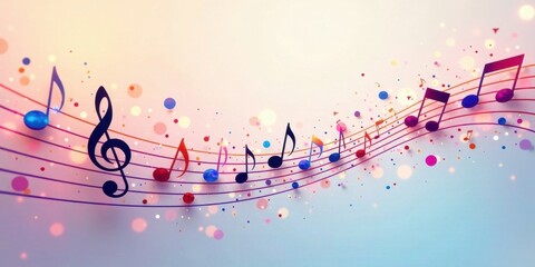 A vibrant musical score design featuring colorful notes dancing on a wave of melody, adorned with sparkling confetti and vibrant orbs, creating a celebratory and joyful atmosphere