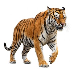 Fototapeta premium Fierce Tiger walking isolated on white background, perfect for wildlife documentaries, nature conservation awareness, and animal photography.