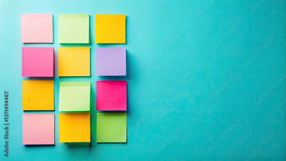 Poster minimalist high-angle view of colorful sticky notes on solid background, perfect for modern design a