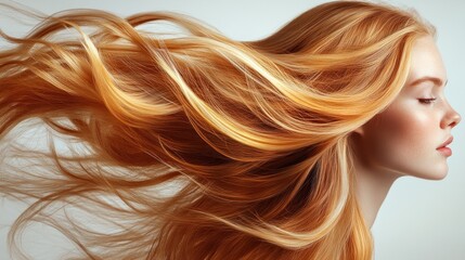 Studio shot, woman with flowing auburn hair, soft light,  glamour