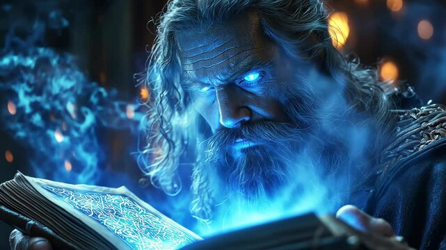 Focused wizard studying glowing spellbook