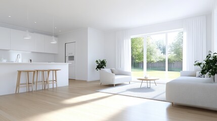 Modern, bright, open-plan living space.  Spacious kitchen and living area, bathed in natural light