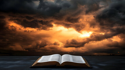Dramatic Photo Of An Open Book With Stormy Sky Background