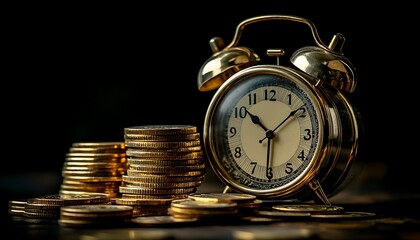 Golden coins and clock, time value