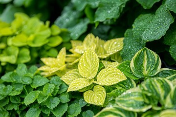 A collection of colorful leaves displaying water droplets on surfaces