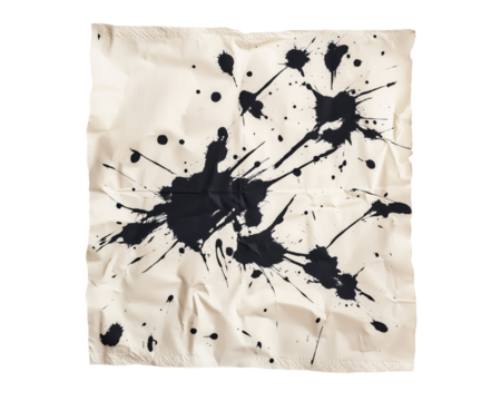 Black ink splatters on wrinkled white paper