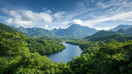 A serene landscape featuring lush mountains, a winding river, and a bright blue sky, showcasing the beauty of nature and tranquility.
