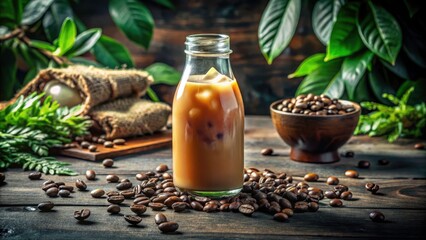 Iced Coffee Bottle with Glass and Coffee Beans &acirc;&euro;&ldquo; Refreshing Summer Drink in Low Light Photography, Perfect for Beverage Enthusiasts and Coffee Lovers Seeking Refreshing Ideas