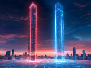 Futuristic Skyscrapers Illuminated In Red And Blue Over City Photo