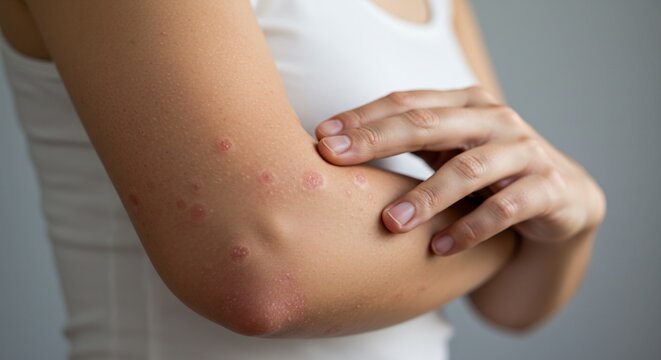 Close-up of a Woman's Arm with Eczema, Showing Red, Itchy, and Inflamed Skin, Dry Skin, Skin Irritation
