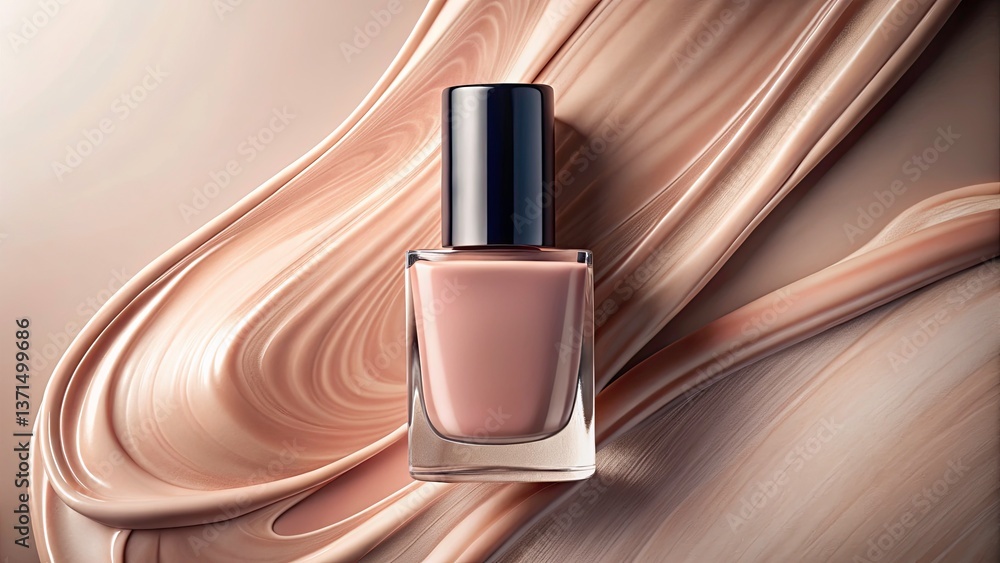 Poster overhead view of matte nail polish bottle on solid color backdrop for dynamic action freeze photogra
