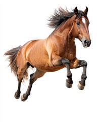 Obraz premium A cheerful horse leaping joyfully against a clean white background, capturing the grace and energy of the animal mid-air, with its mane flowing in motion