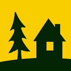 Fototapeta premium illustration of green house and pine tree on yellow background. concept of green housing. suitable as a logo for green house property