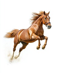 Obraz premium A cheerful horse leaping joyfully against a clean white background, capturing the grace and energy of the animal mid-air, with its mane flowing in motion